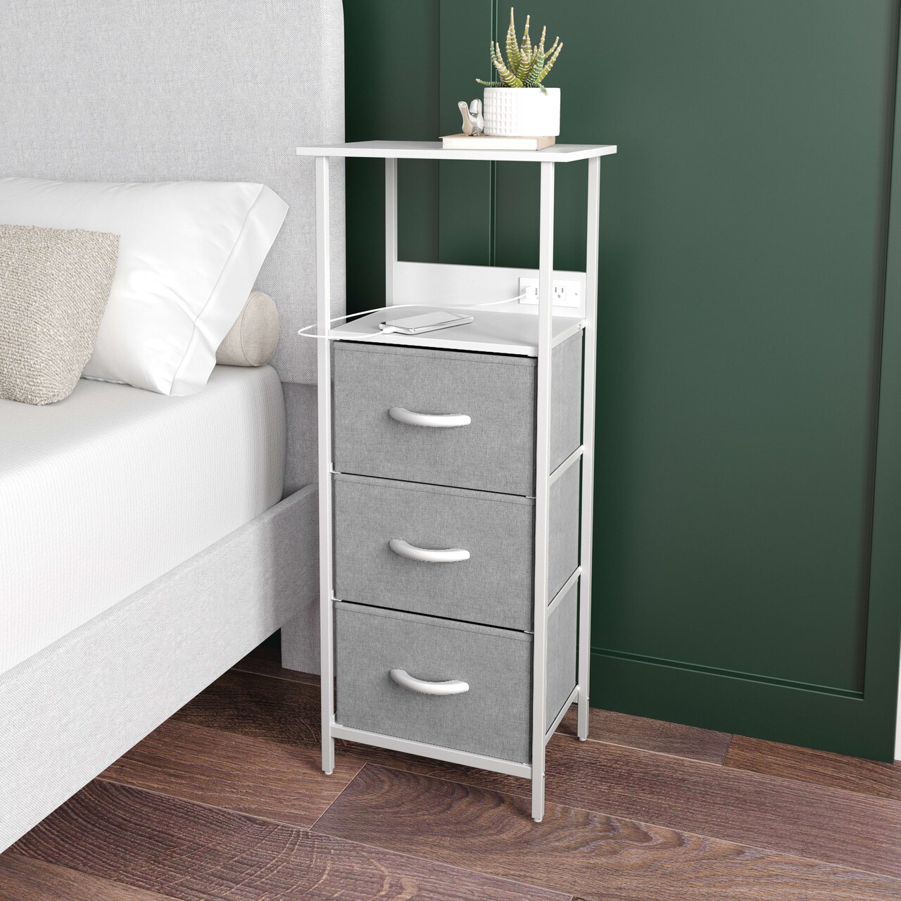 Emma and Oliver Hermes Nightstand with 3 Fabric Drawers, Charging Station with 2 USB Ports/Power Outlet, Engineered Wood Top, Wood Handles, Metal Frame